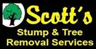 Logo for Scott's Stump & Tree Removal Services, with a green tree in a white and blue shape and yellow text on a black background.
