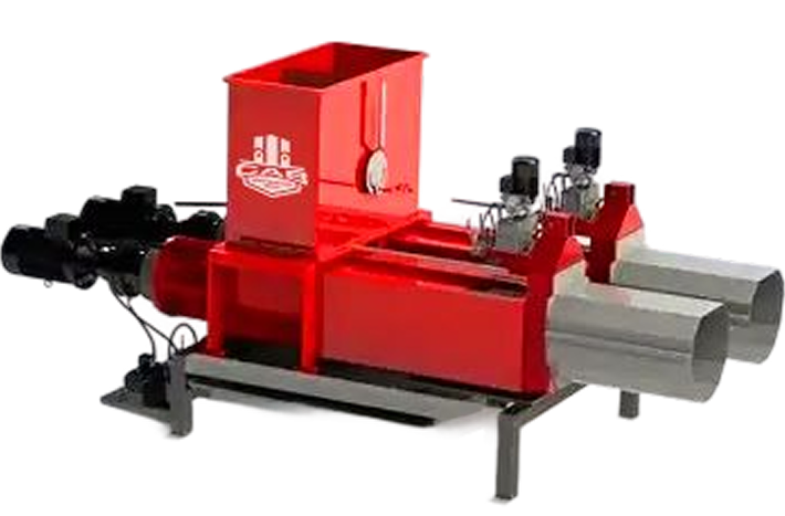 A red industrial briquette press with two stainless steel chutes, used for compressing waste into logs.
