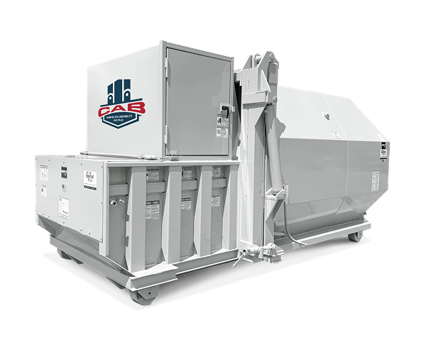 A white industrial trash compactor with a CAB logo on the side against a white background.