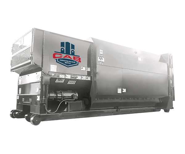 A dark gray industrial waste compactor with the CAB logo on its side, viewed from a low angle against a white background.