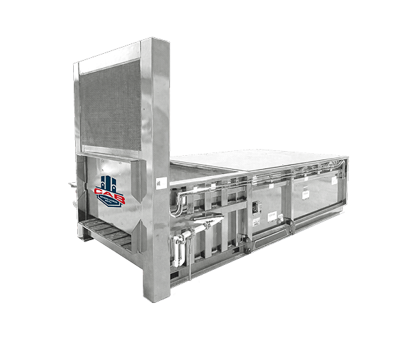 A stainless steel industrial waste compactor with a rectangular base and a tall, vertical hopper opening.