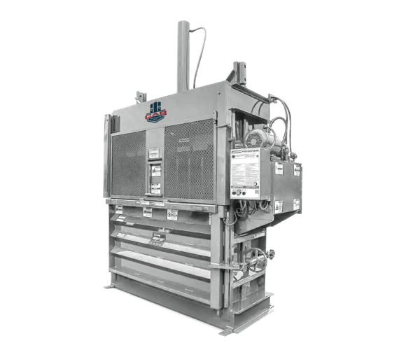 A gray industrial vertical waste baler machine for compacting cardboard or plastic materials.