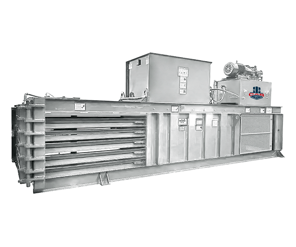 A long, industrial-grade horizontal recycling baler made of gray metal, shown against a white background.