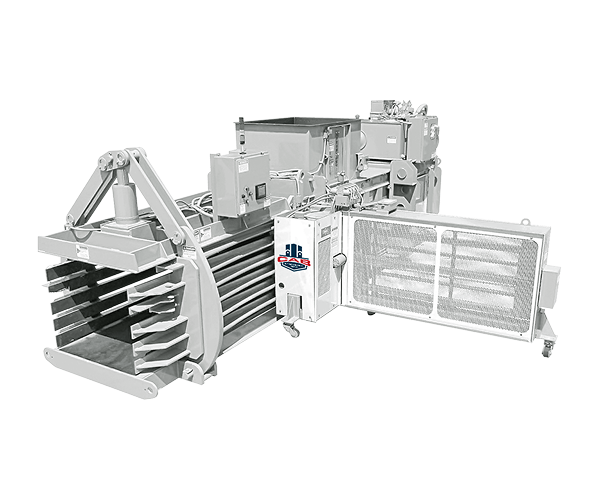 A light gray industrial horizontal baler machine with an open safety cage on the right side against a white background.