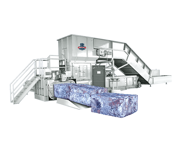 An industrial baler machine processing large, compressed bales of recycled material on a white background.