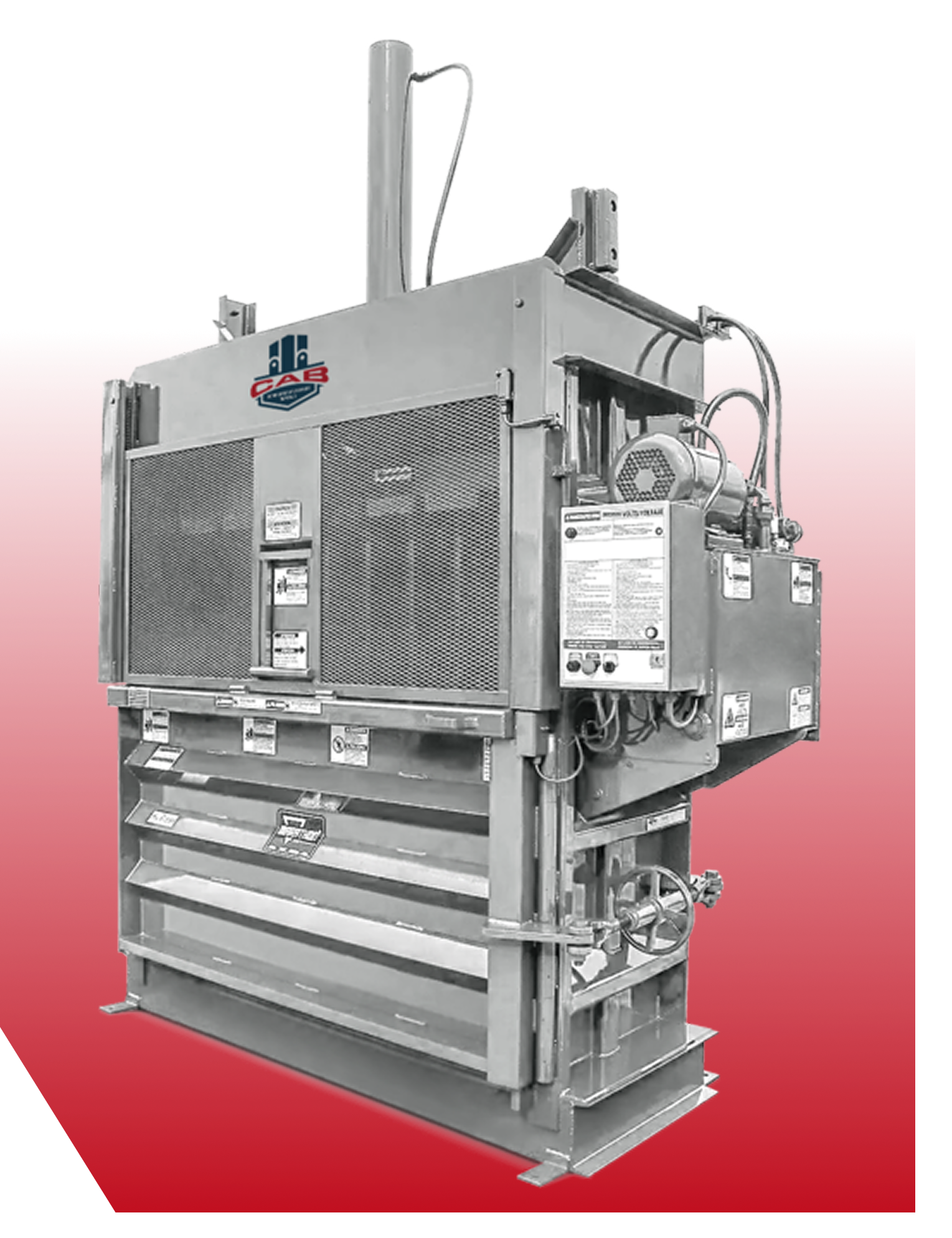 A grey industrial cardboard baler machine against a red and white gradient background.
