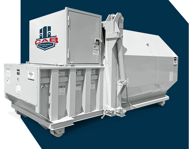 A white industrial trash compactor against a dark blue background with the CAB logo on the side.
