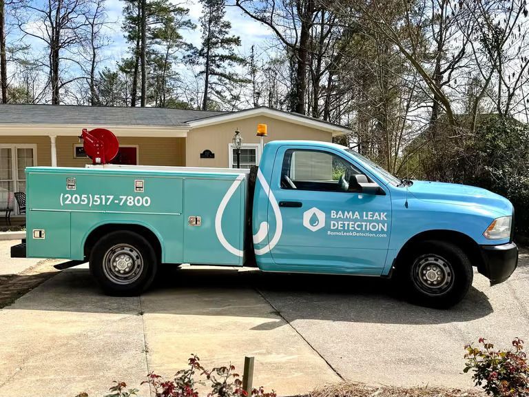 Blue Rama Lake Detection pickup truck parked in a driveway outside a house, with logo and phone number on the side. Blue Rama Lake Detection pickup truck parked in a driveway outside a house, with logo and phone number on the side.