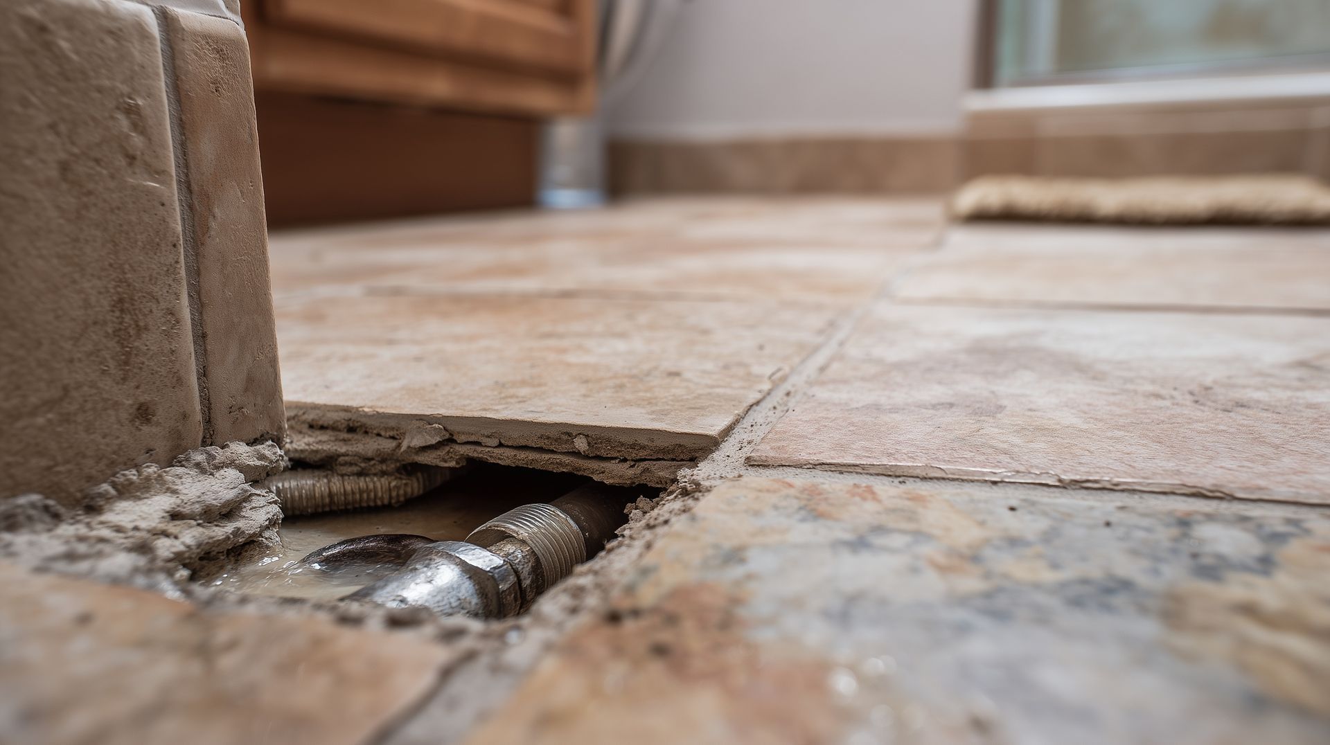 Cracked tile floor with a hole exposing a pipe, near a wall inside a room