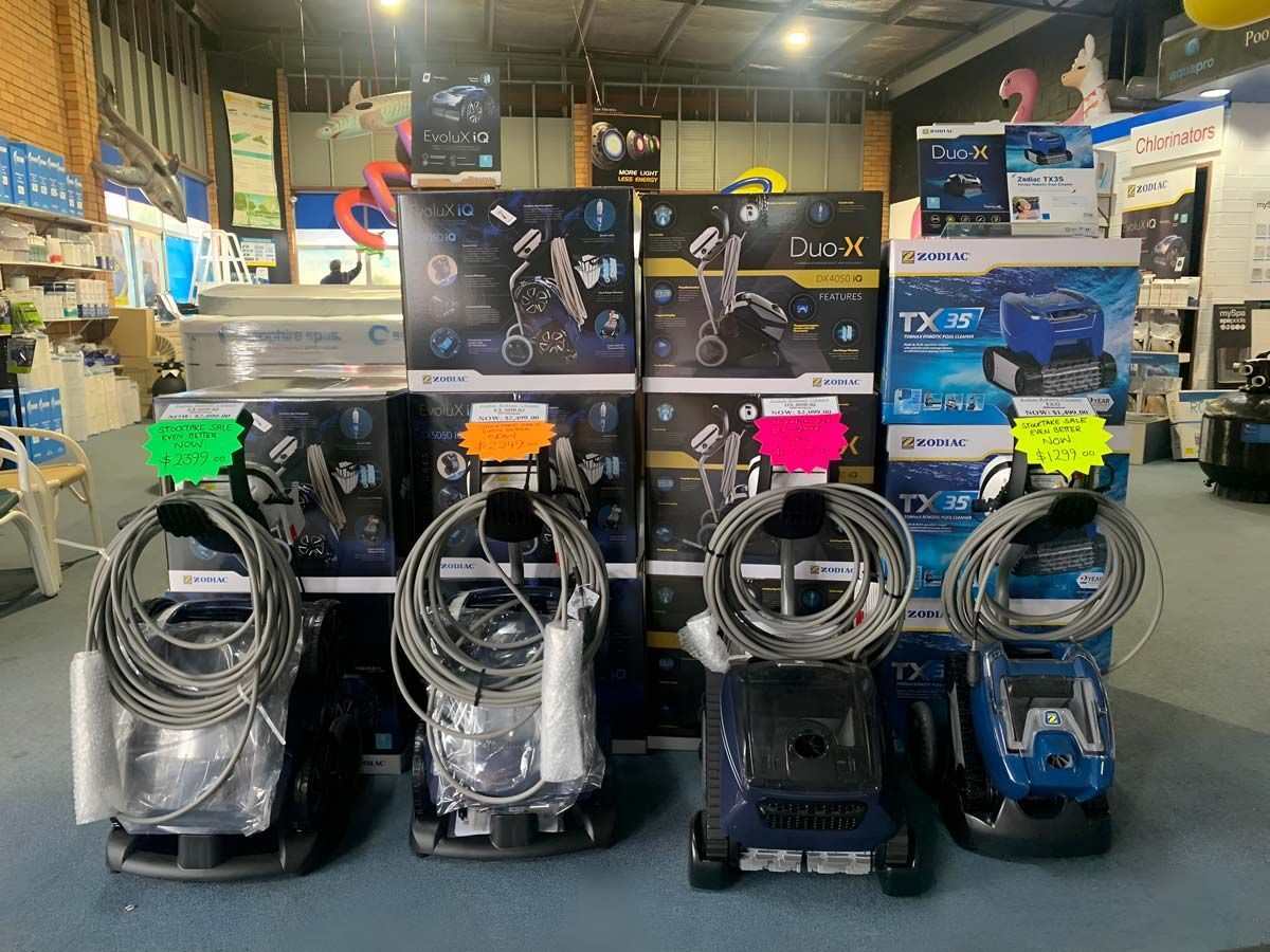A variety of pool cleaners available to buy.