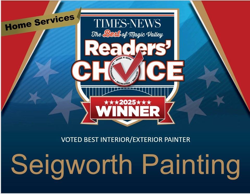 Seigworth Painting, a 2025 Times-News Readers' Choice Winner for best interior/exterior painter, set on a blue background.