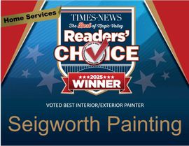 Seigworth Painting, a 2025 Times-News Readers' Choice Winner for best interior/exterior painter, set on a blue background.