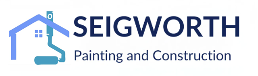 Logo for Seigworth Painting and Construction; blue and dark blue geometric shapes, and text below.