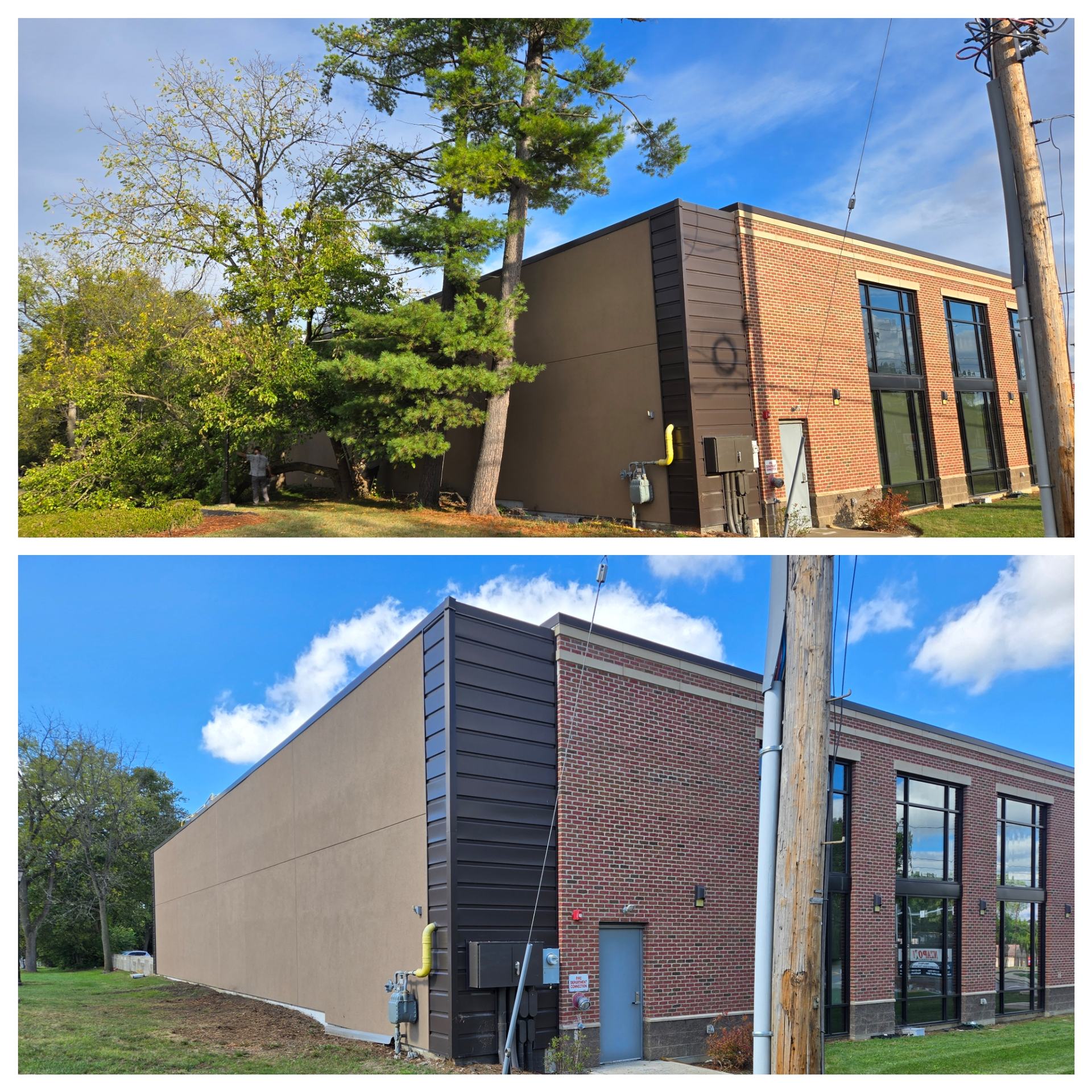 A before and after picture of a brick building with a lot of windows — Bridgeville, PA — MC Landscaping