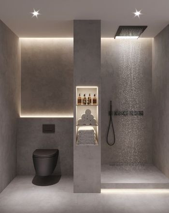 Modern gray bathroom with walk-in shower, toilet, and recessed shelving. Soft lighting illuminates the space.