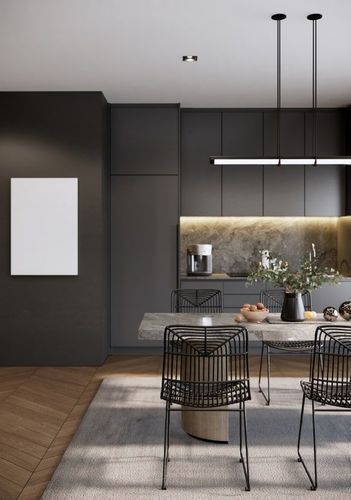 Dark modern dining room with table and chairs