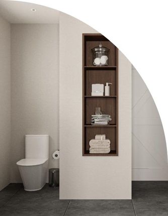 Modern bathroom with a toilet, built-in shelving, and neutral color scheme.