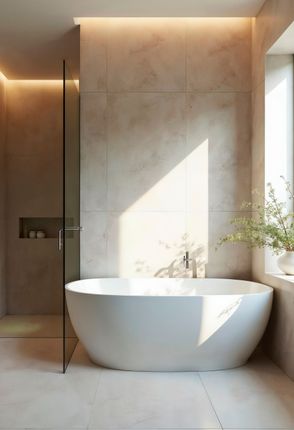 Modern bathroom with a white oval bathtub, glass shower door, and soft lighting.