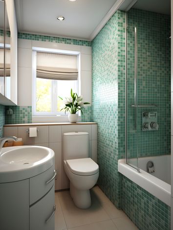 Modern gray bathroom with walk-in shower, toilet, and recessed shelving. Soft lighting illuminates the space.