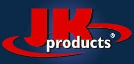 A red and white logo for jk products on a blue background