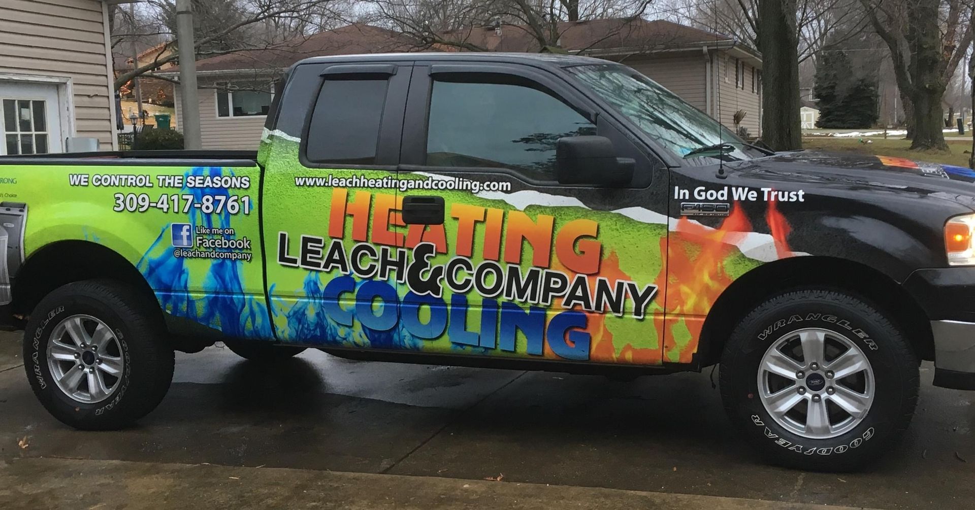 A truck with the word heating on the side