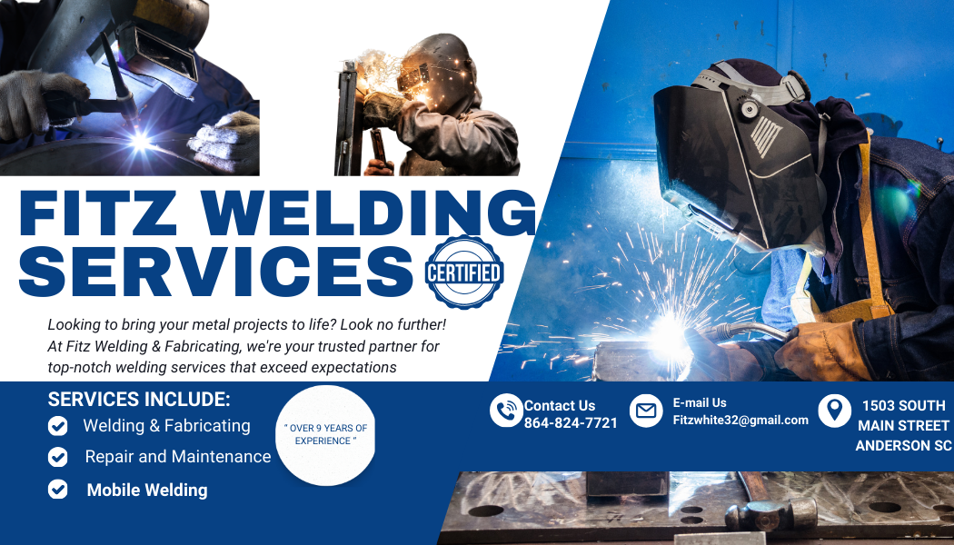 A poster for fitz welding services shows a man welding a piece of metal.