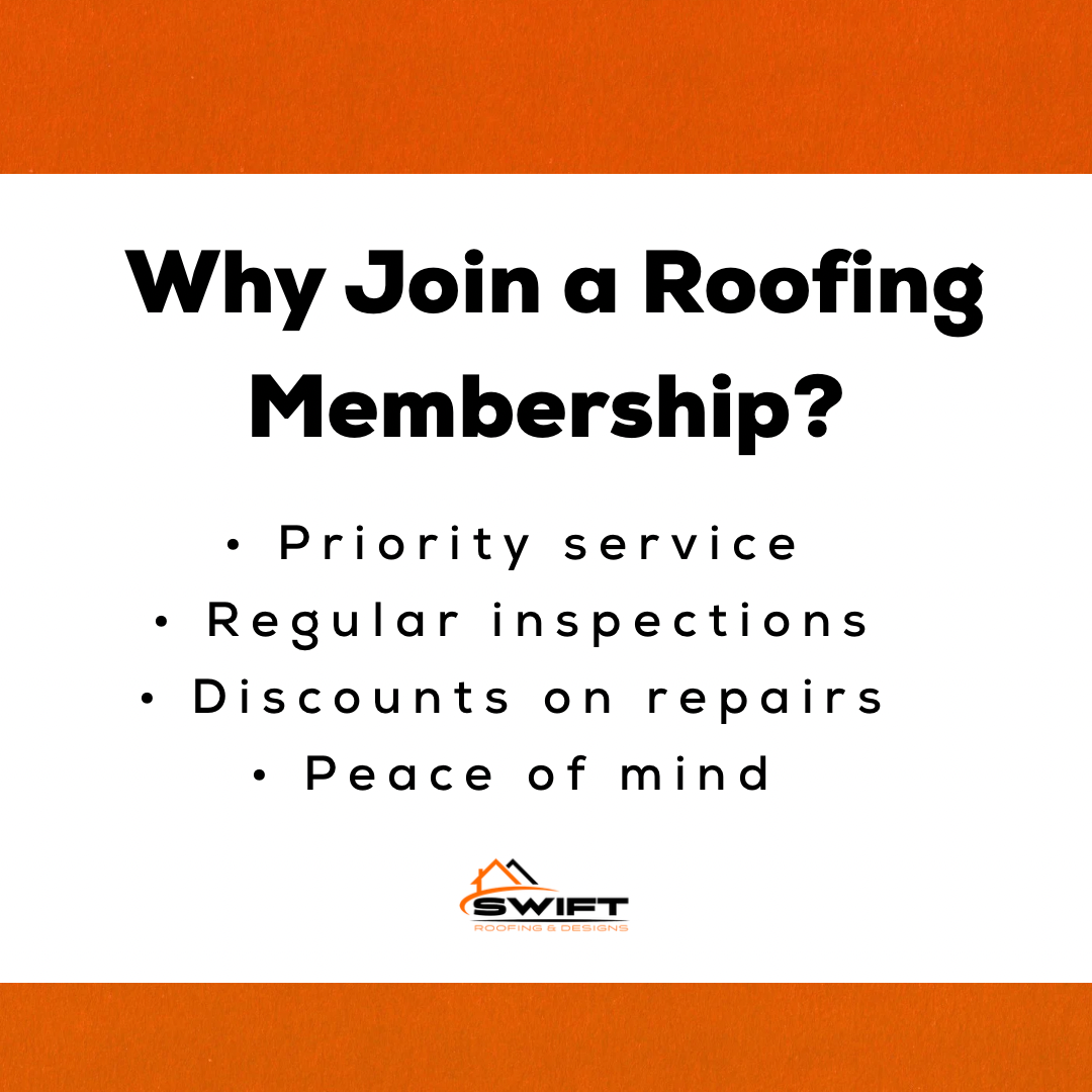 Ad promoting a roofing membership with benefits listed: priority service, inspections, repair discounts, and peace of mind.