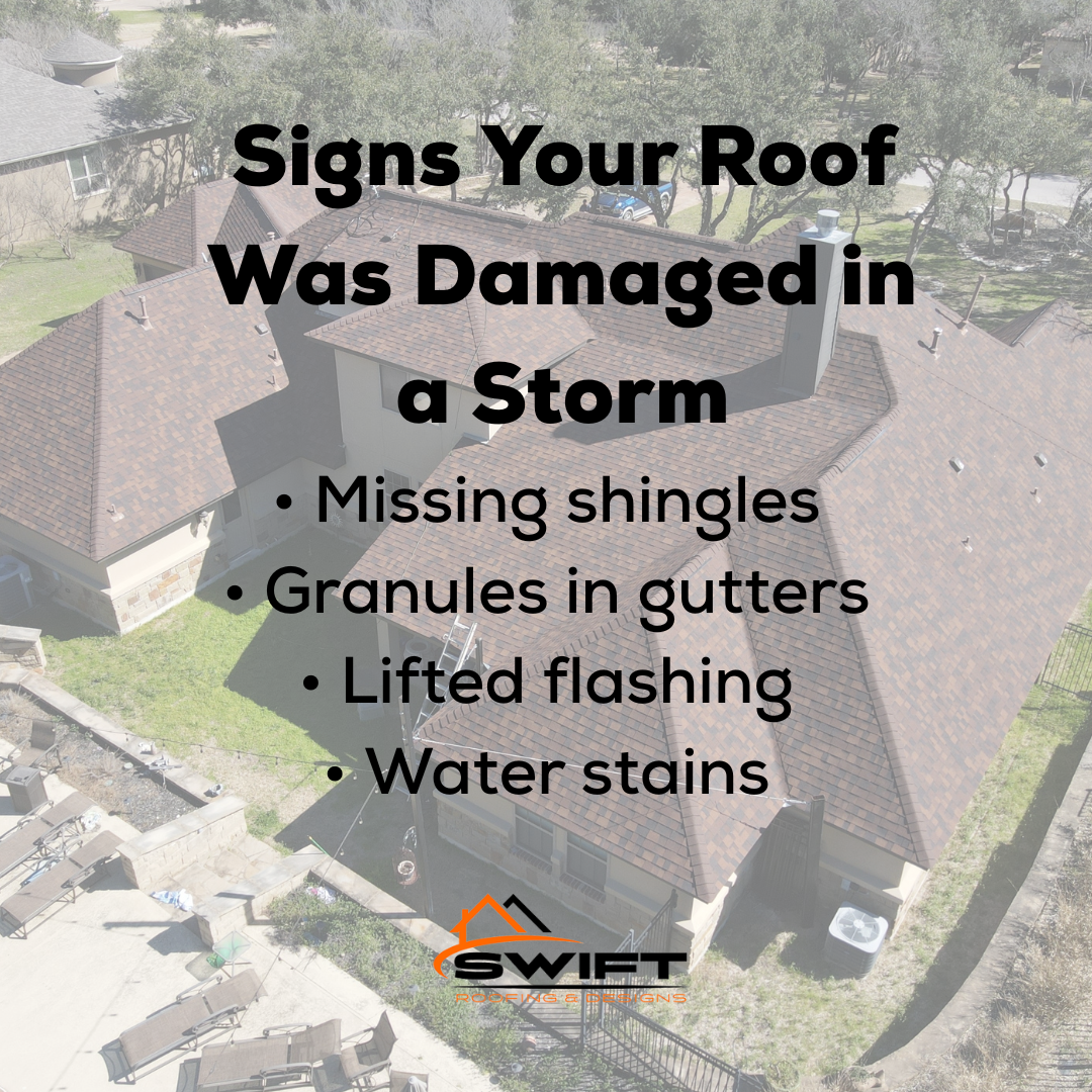 An aerial view of a house with text listing signs of storm damage on a roof. An aerial view of a house with text listing signs of storm damage on a roof.