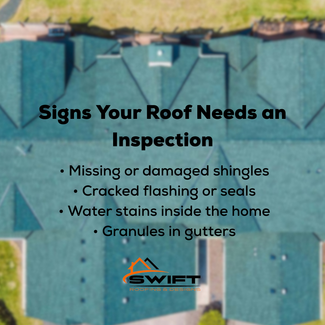 Image highlighting signs of roof damage, including missing shingles, cracks, water stains, and granules in gutters. Image highlighting signs of roof damage, including missing shingles, cracks, water stains, and granules in gutters.