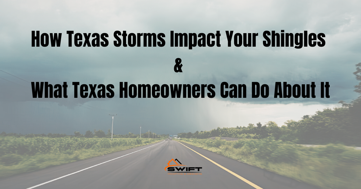 Stormy sky over road with text: How Texas Storms Impact Your Shingles & What Texas Homeowners Can Do About It. Stormy sky over road with text: How Texas Storms Impact Your Shingles & What Texas Homeowners Can Do About It.