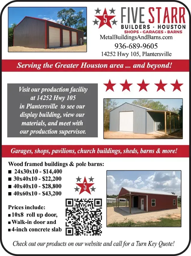 Advertisement for Five Starr Builders, showing metal buildings for garages, shops, and barns in the Houston area.