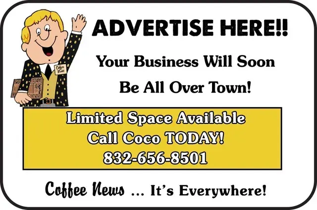 Advertisement: Cartoon man waving, text 