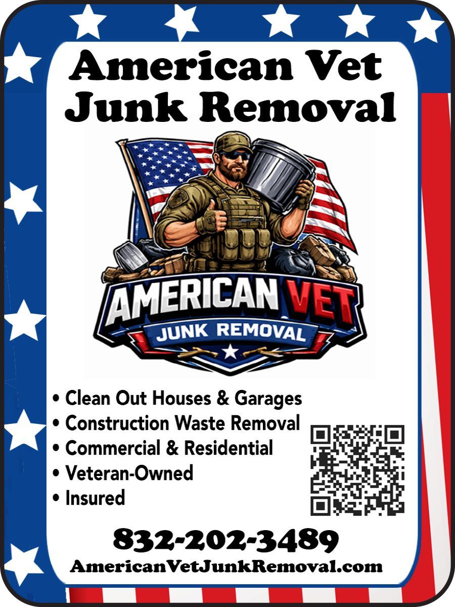 American Vet Junk Removal ad with patriotic logo, service list, phone number, and website on a blue star border.