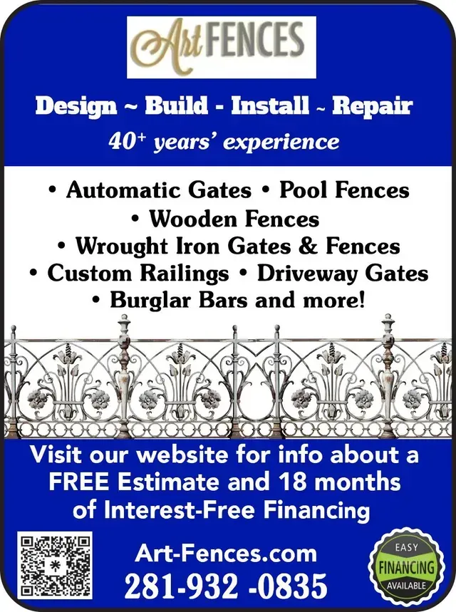 Advertisement for Art Fences: Offers design, build, install, & repair.