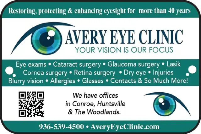 Advertisement for Avery Eye Clinic, offering eye care services. 