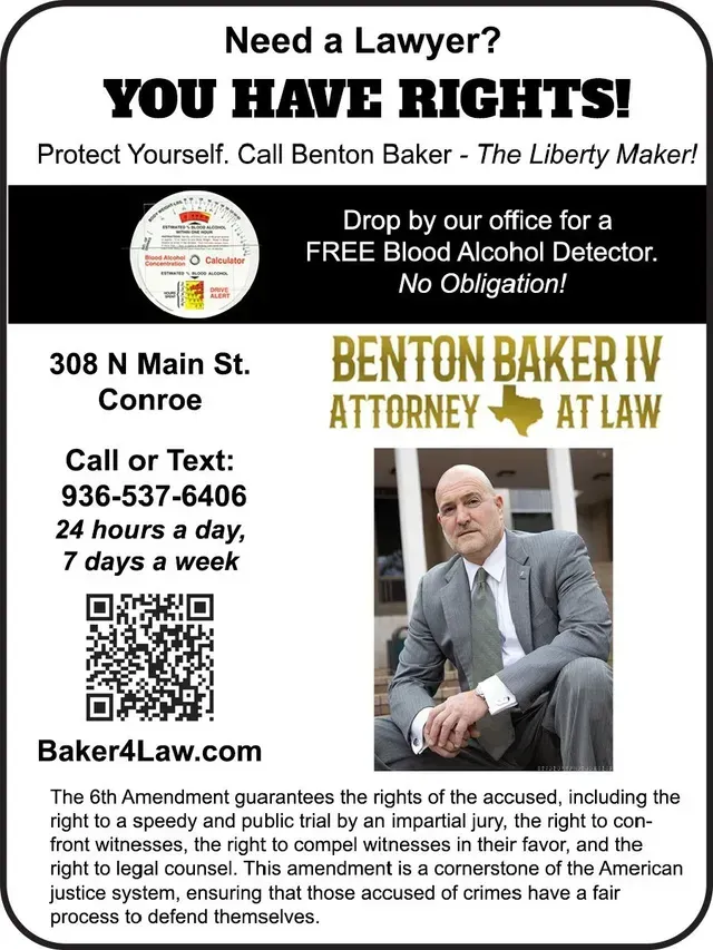 Advertisement for Benton Baker IV, Attorney at Law. Offers a free blood alcohol detector. Includes contact information.