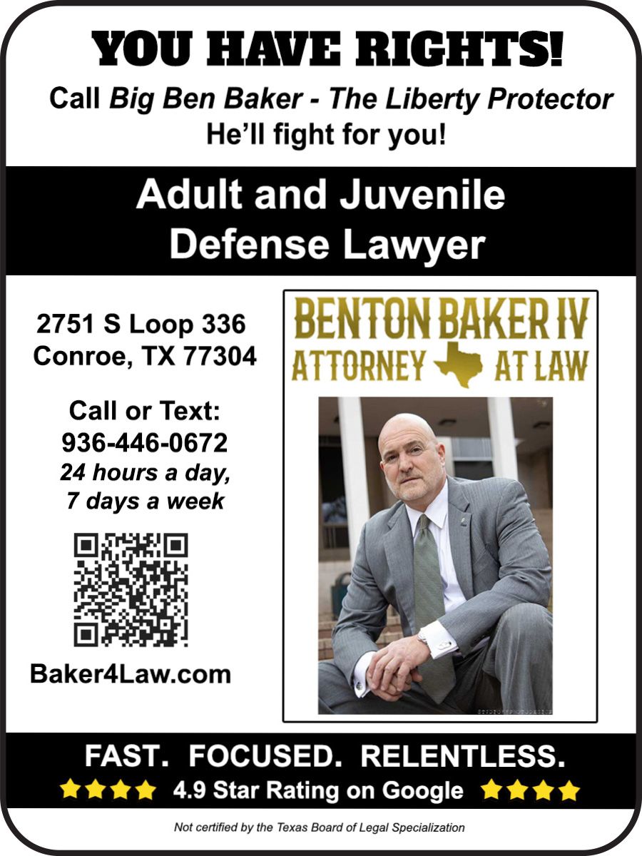 Advertisement for Benton Baker IV, Attorney at Law. Offers a free blood alcohol detector. Includes contact information.
