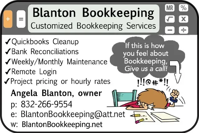 Business card for Blanton Bookkeeping with services listed and a person looking frustrated.