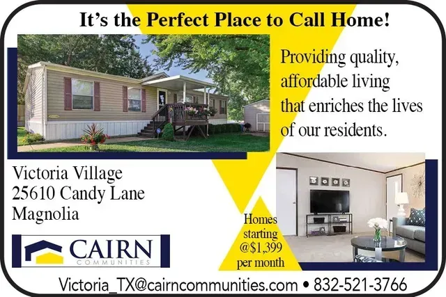 Advertisement for Victoria Village, Magnolia, TX, featuring a manufactured home and text promoting affordable living.