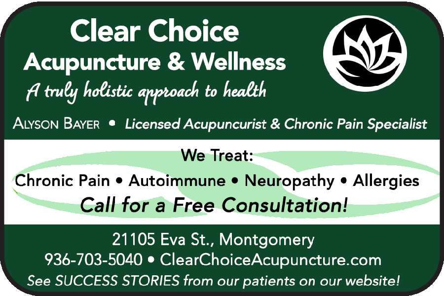 Business card for Clear Choice Acupuncture & Wellness, featuring a logo, services, address, and contact info.