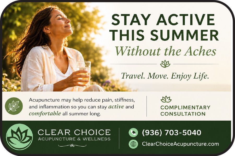 Woman outdoors in a sunlit field beside text: “Stay Active This Summer Without the Aches” and Clear Choice Acupuncture promo
