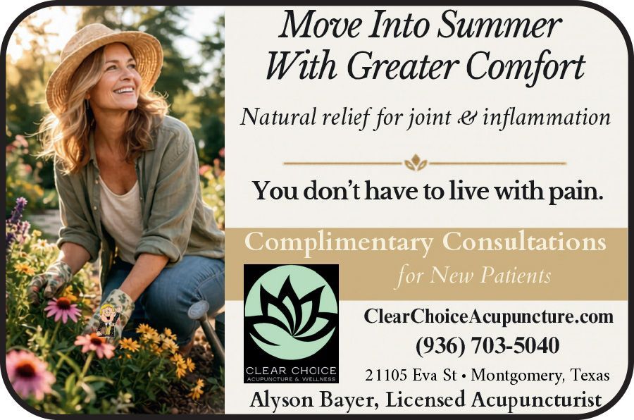 Business card for Clear Choice Acupuncture & Wellness, featuring a logo, services, address, and contact info.