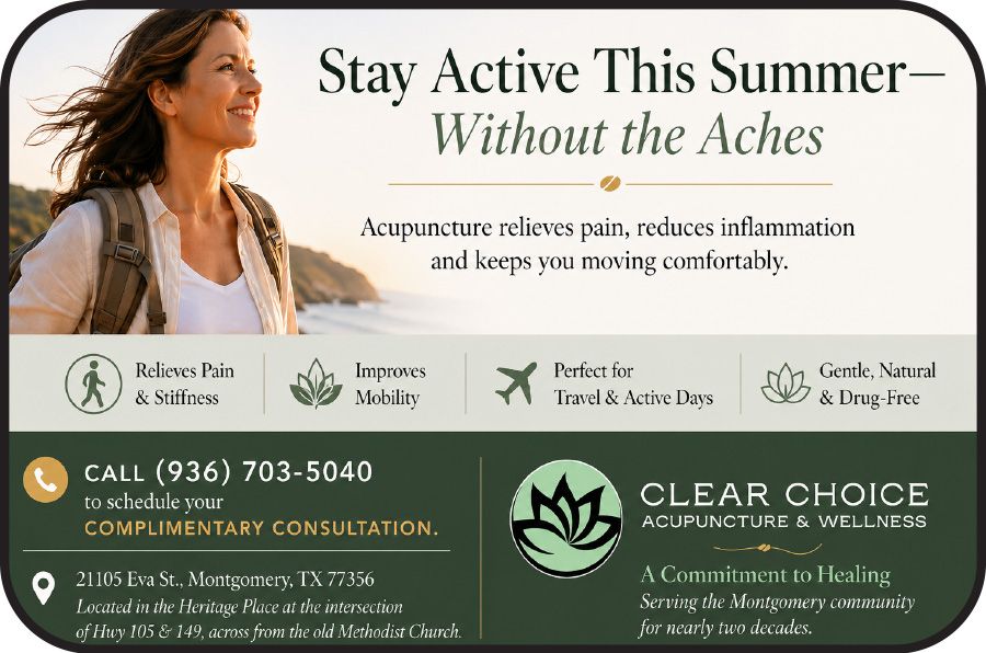 Business card for Clear Choice Acupuncture & Wellness, featuring a logo, services, address, and contact info.