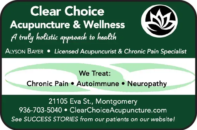Business card for Clear Choice Acupuncture & Wellness, featuring a logo, services, address, and contact info.