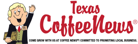 A texas coffee news logo with a cartoon man holding a cup of coffee