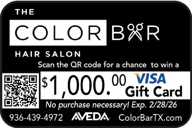 Black gift card for The Color Bar hair salon, offering a chance to win a $1,000 Visa gift card.