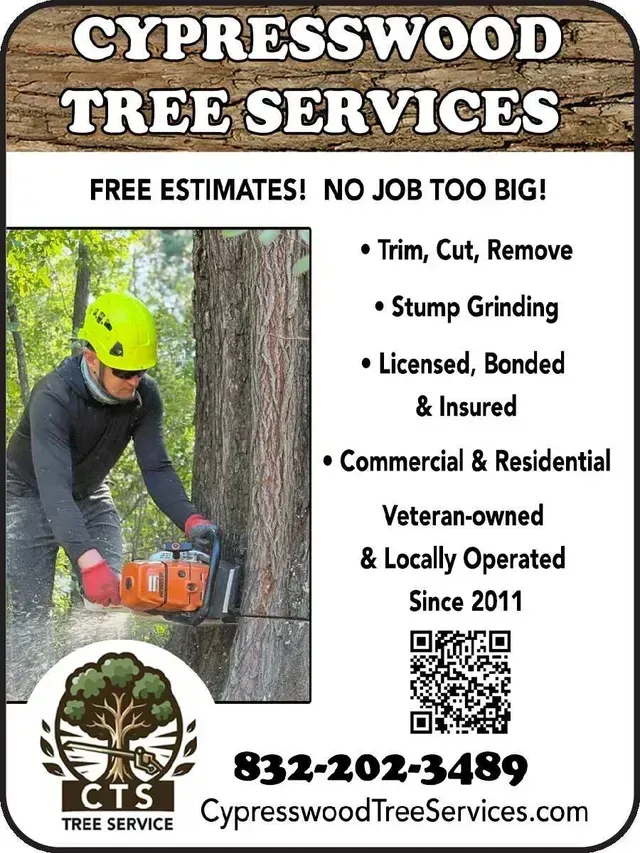 Advertisement for Cypresswood Tree Services: a person cutting a tree with a chainsaw, offering services and contact info.