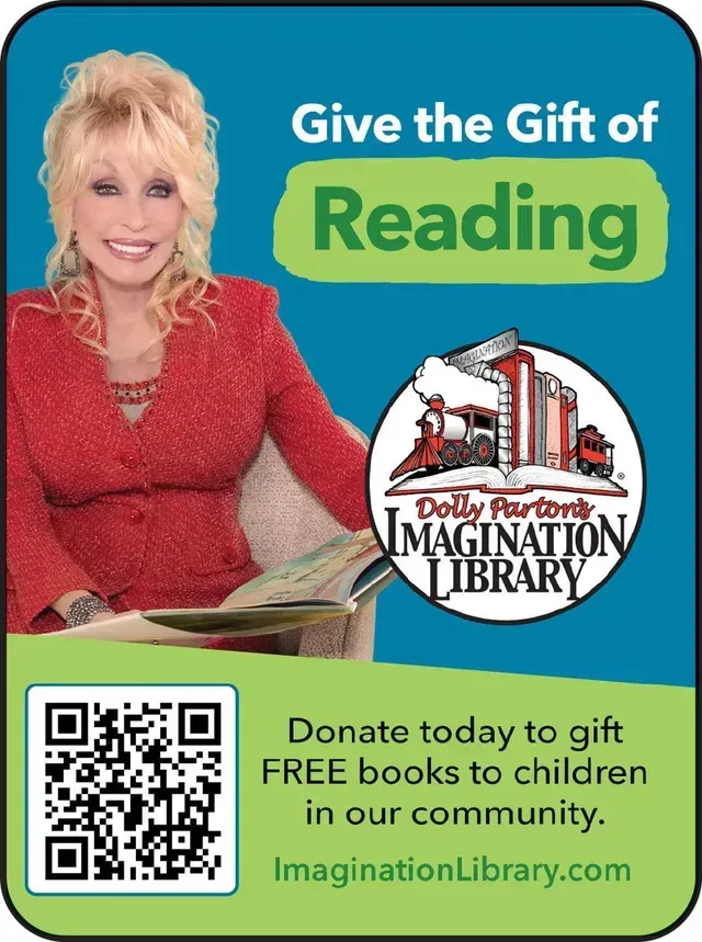 Dolly Parton with a book, promoting the Imagination Library. Text: 