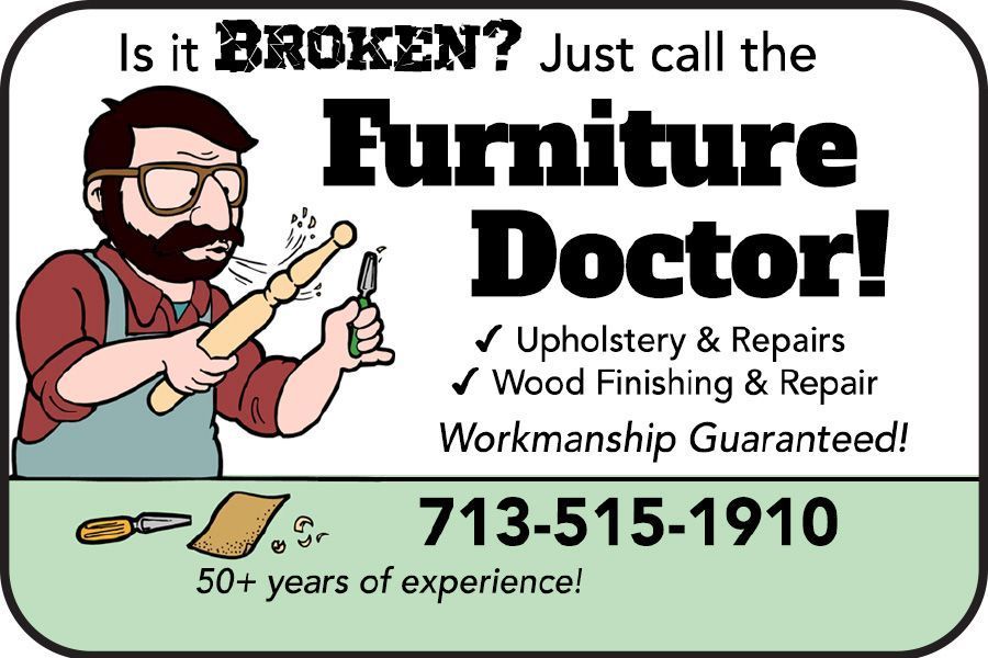 Advertisement for the Furniture Doctor: Cartoon man with glasses repairing furniture.