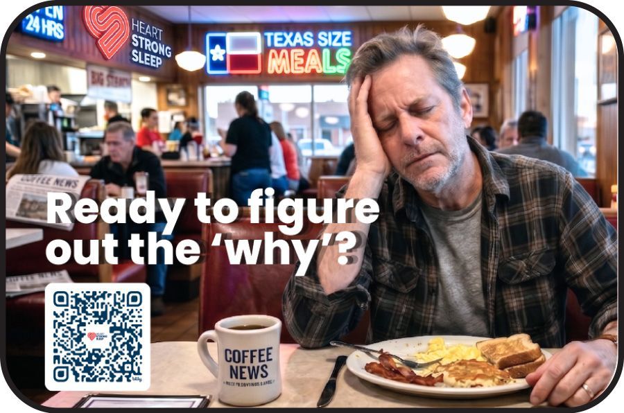 Man in plaid shirt at diner table with coffee and breakfast, overlaid text and QR code.